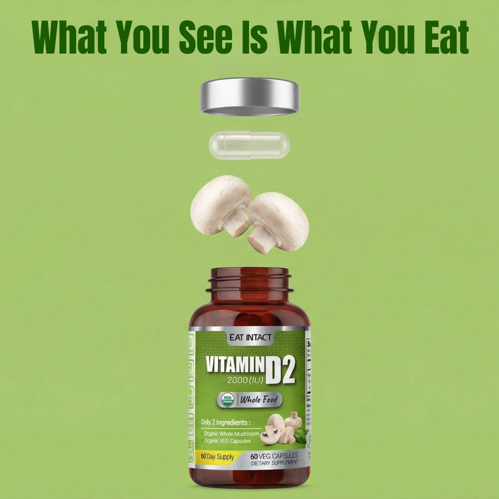 EAT INTACT Vitamin D label close-up showing organic mushroom source.