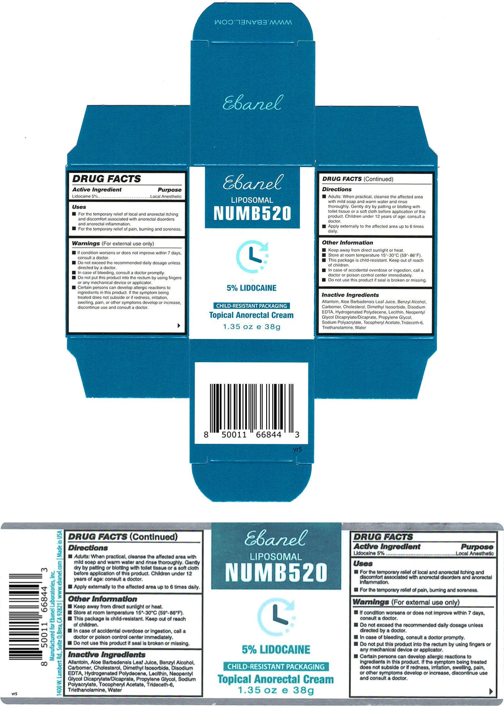 Ebanel 5% Lidocaine Cream manufactured in a US FDA-registered facility.