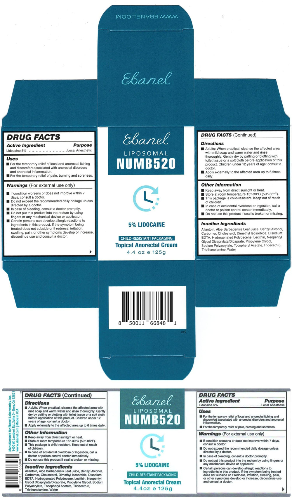 Ebanel lidocaine cream FDA facility claim and cruelty-free