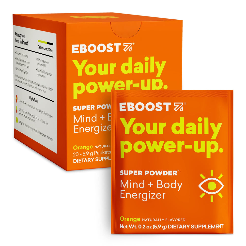 EBOOST Orange packet close-up for on-the-go, sugar-free hydration.