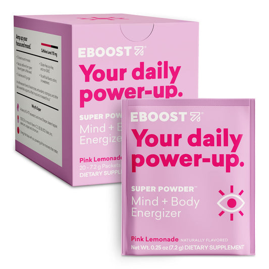 EBOOST Pink Lemonade powder tub label for hydration and flavor.