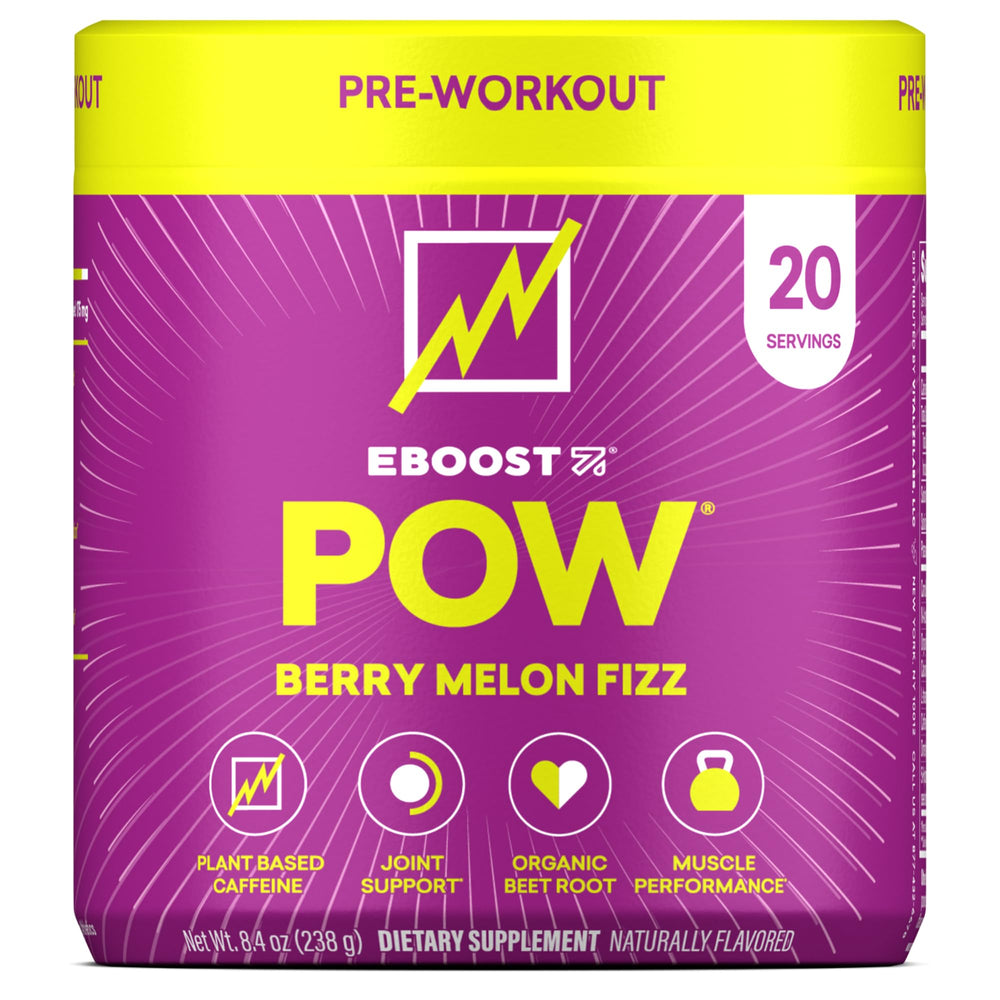 EBOOST POW Berry Melon Fizz powder tub ready for energizing pre-workouts.