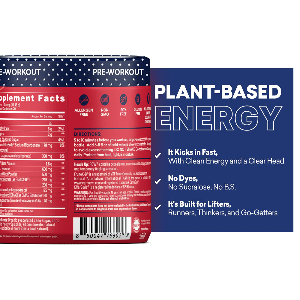 EBOOST POW gluten-free non-GMO label highlights clean ingredients