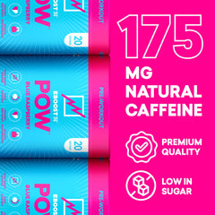 Glass with fizz shows EBOOST POW Blue Raspberry flavor and refreshed energy