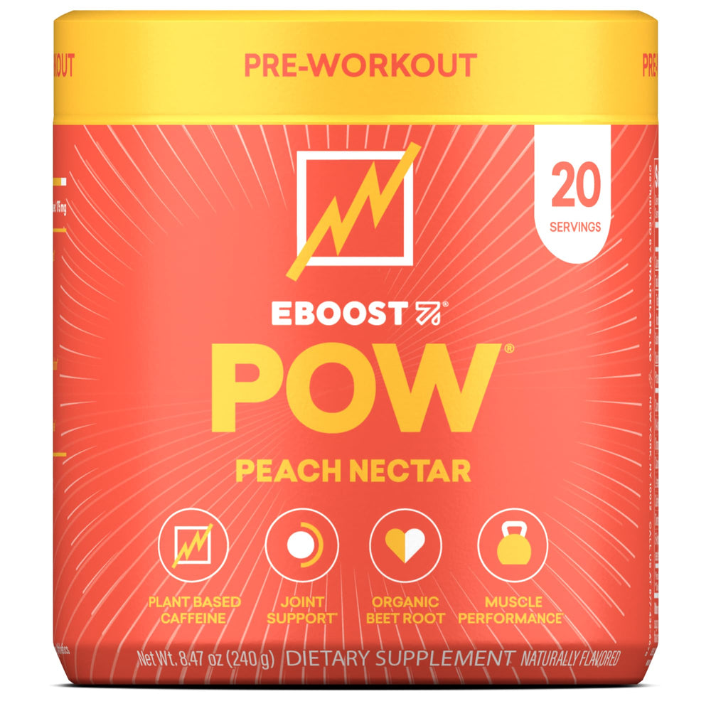 EBOOST POW Peach Nectar poured into a glass for a pre-workout energy lift.