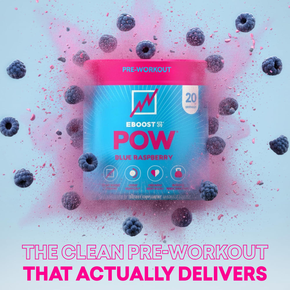 EBOOST POW scoop beside a glass ready for pre-workout energy