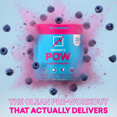 EBOOST POW scoop beside a glass ready for pre-workout energy
