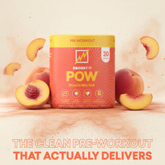 Scoop of EBOOST POW dissolving in water for a quick focus and energy boost.