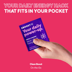 Packaging of EBOOST emphasizes gluten-free and artificial-free formula for clean energy.