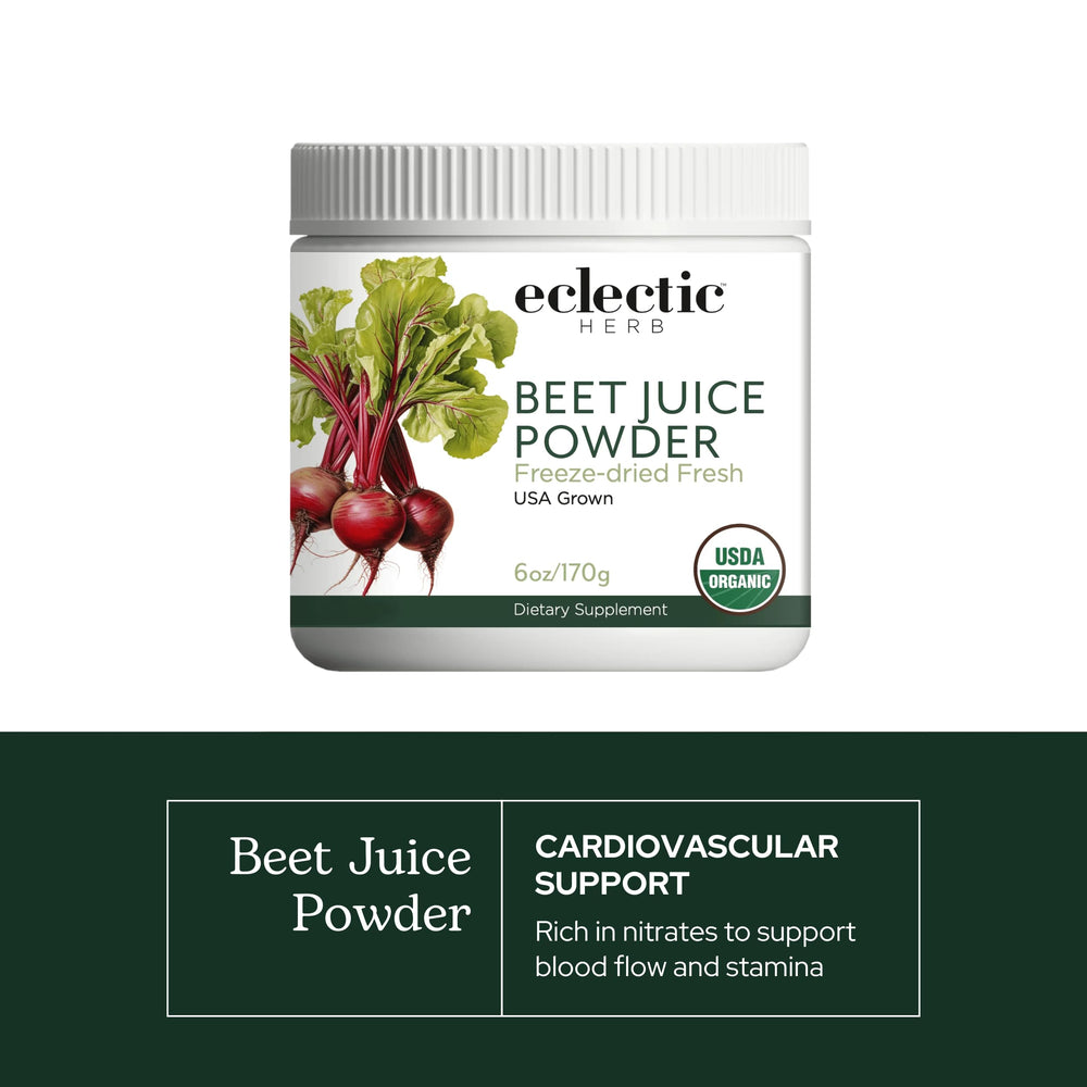 Eclectic Institute Beet Juice Powder scoop in jar ready for smoothies.