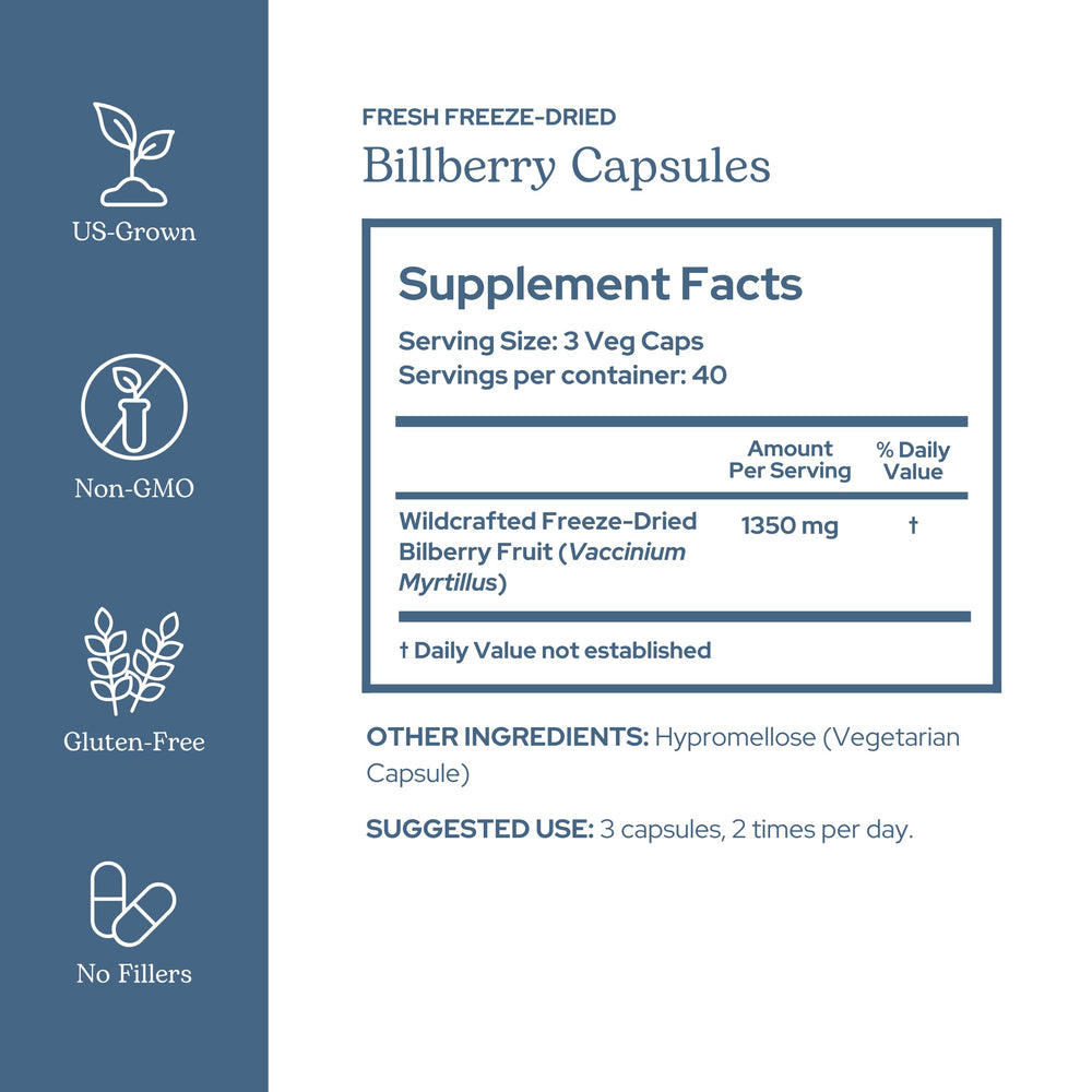 Eclectic Institute Bilberry Capsules close-up of polyphenols for circulatory health cues