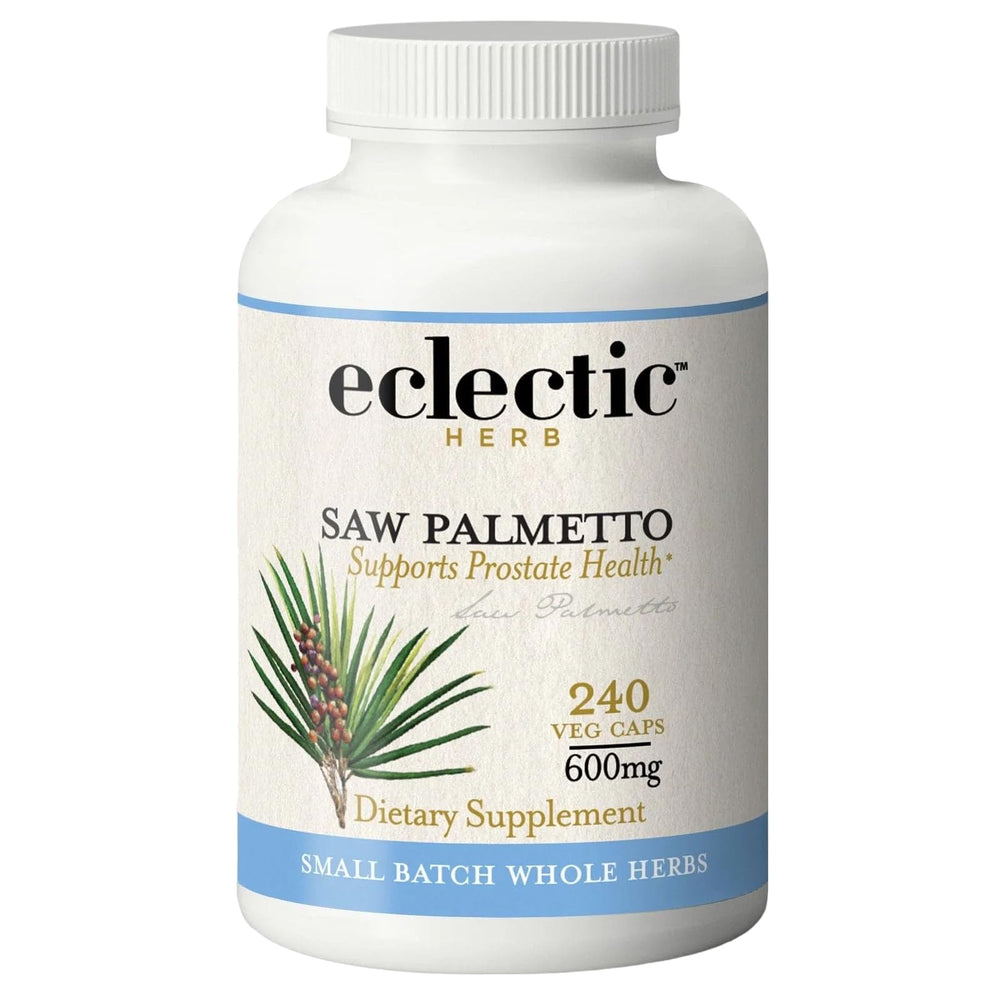 ECLECTIC INSTITUTE Fresh Freeze-Dried Saw Palmetto bottle showcasing 600 mg potency for daily wellness