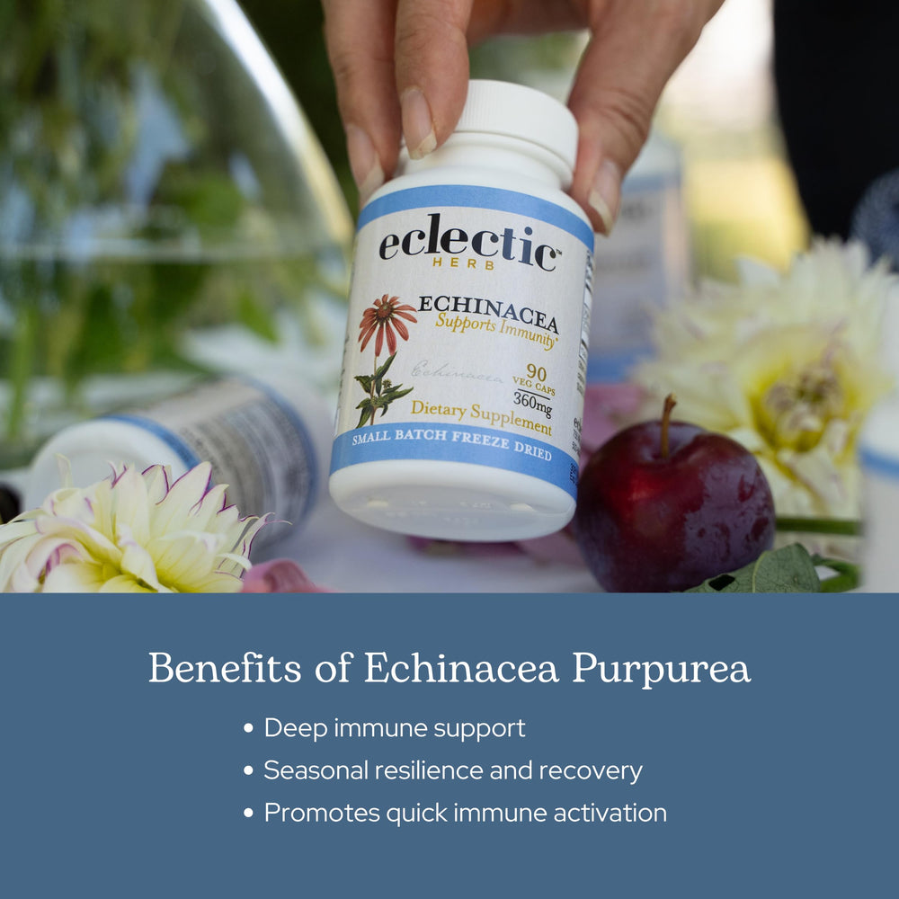 Lab-tested potency badge on ECLECTIC INSTITUTE echinacea ensures quality