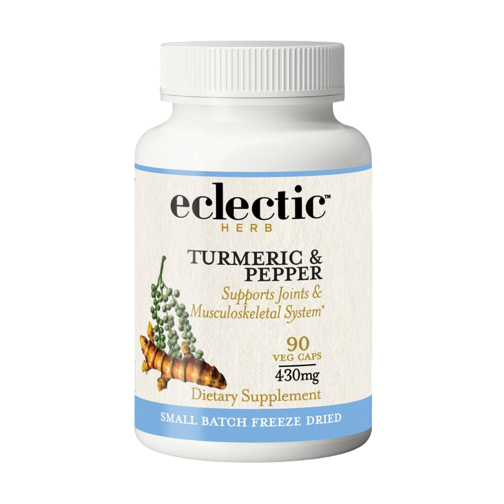 Eclectic Institute Organic turmeric and pepper capsules bottle for joint support.