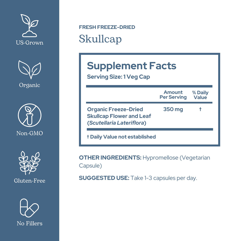 Eclectic Institute Skullcap capsules bottle on a shelf suggesting daily routine.