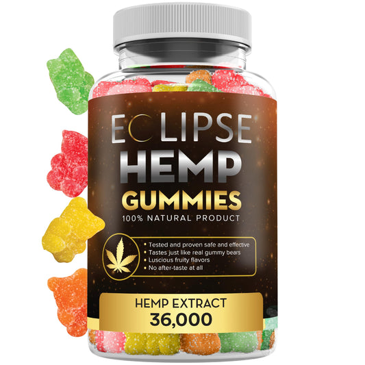 Eclipse Hemp gummies bottle top view showcases the 60-count pack for daily use.