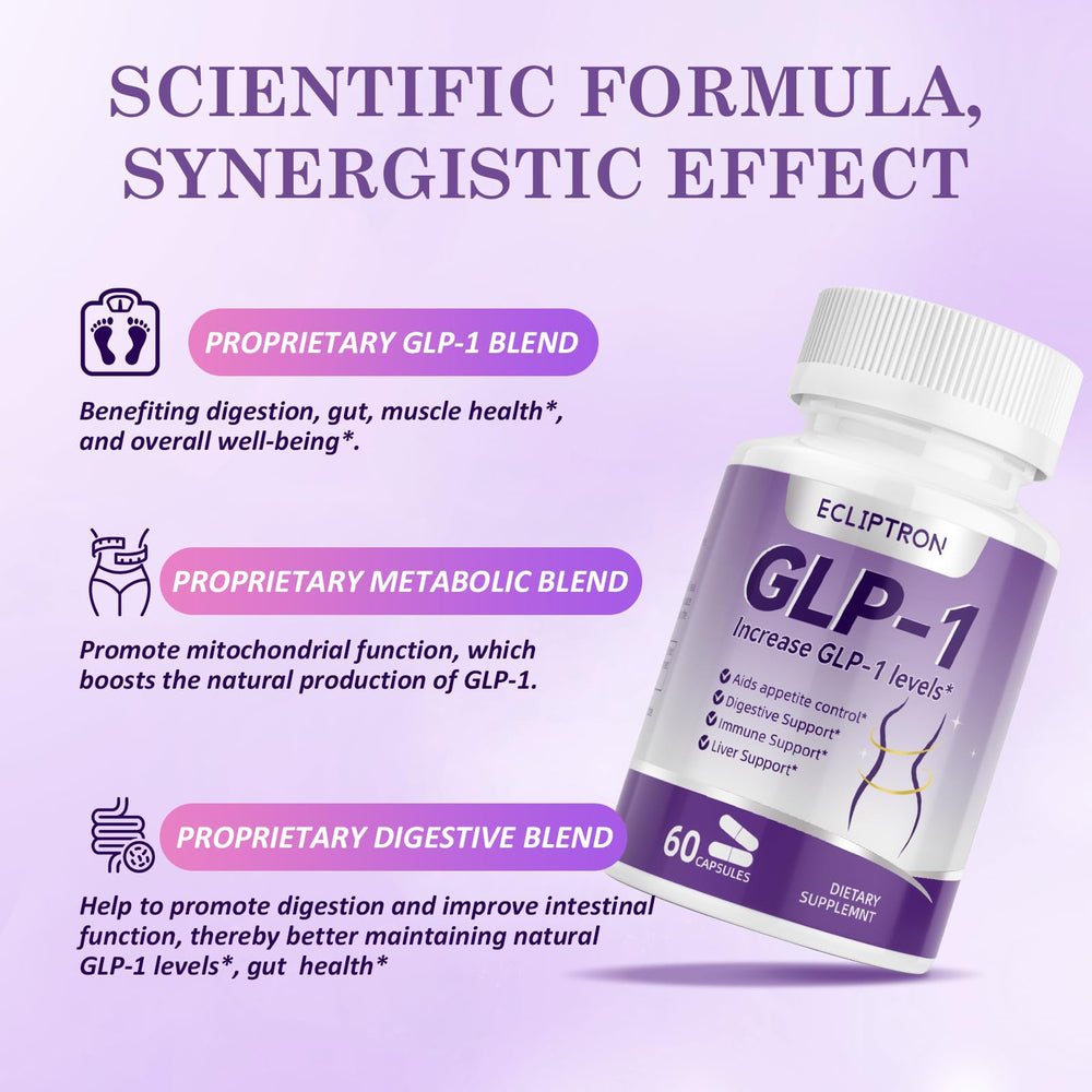 Ecliptron GLP-1 bottle with Akkermansia probiotics emphasizing gut health support.