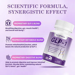 Ecliptron GLP-1 bottle with Akkermansia probiotics emphasizing gut health support.