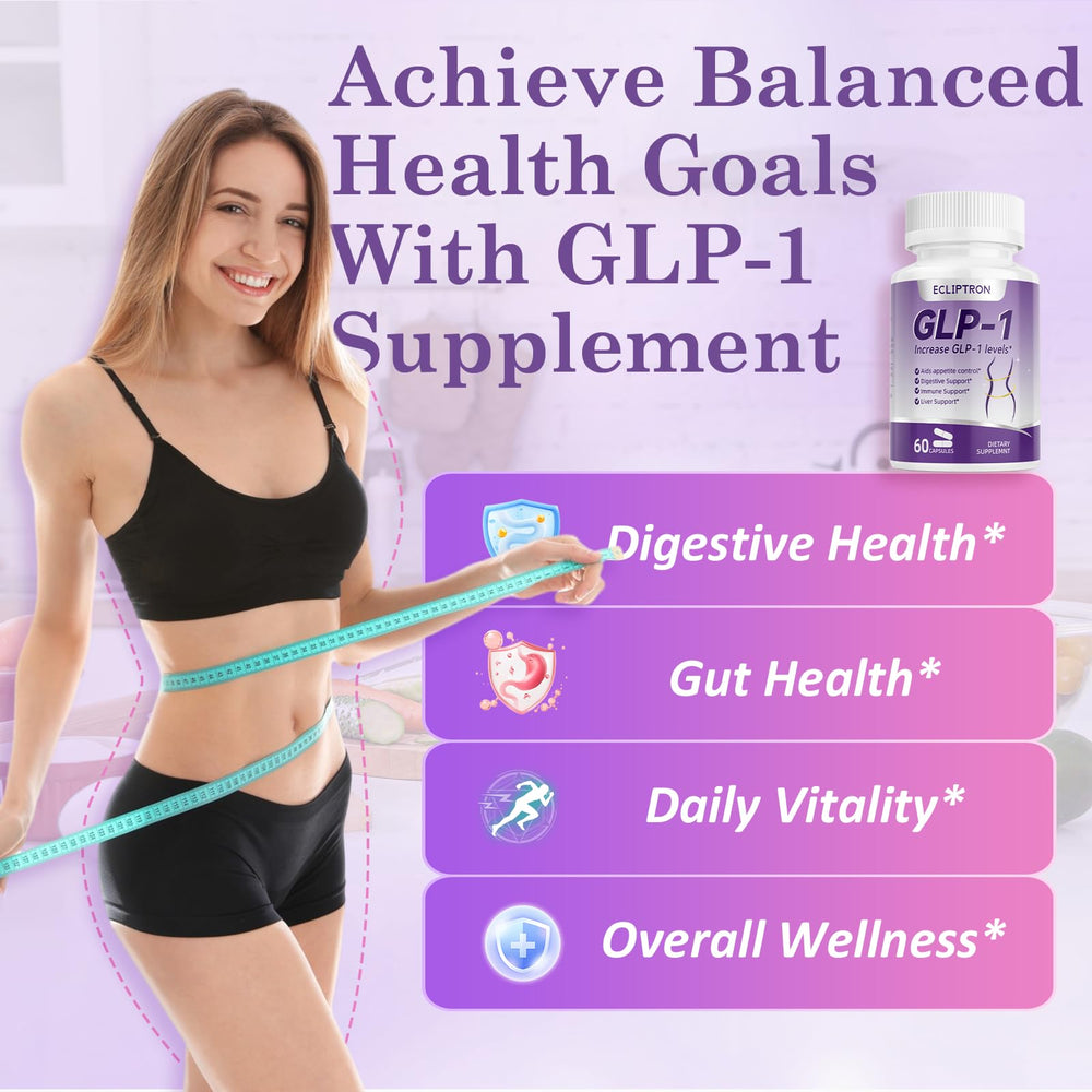 Ecliptron GLP-1 supplement open bottle revealing capsules inside for daily use.