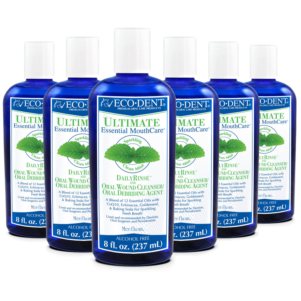 Eco-Dent mint mouthwash bottle showcases its alcohol-free formula for daily freshness.