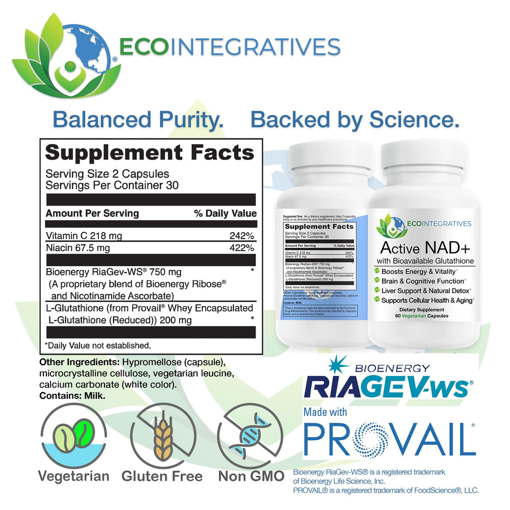 EcoIntegratives Active NAD+ label closeup highlights RiaGev and Provail ingredients