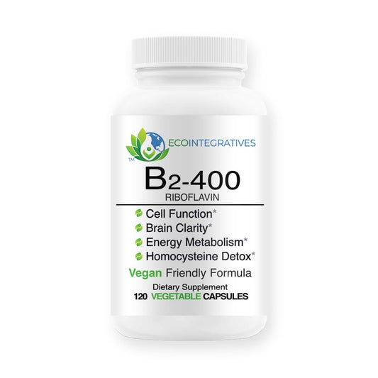 EcoIntegratives B2-400 bottle and riboflavin capsules emphasizing energy support.