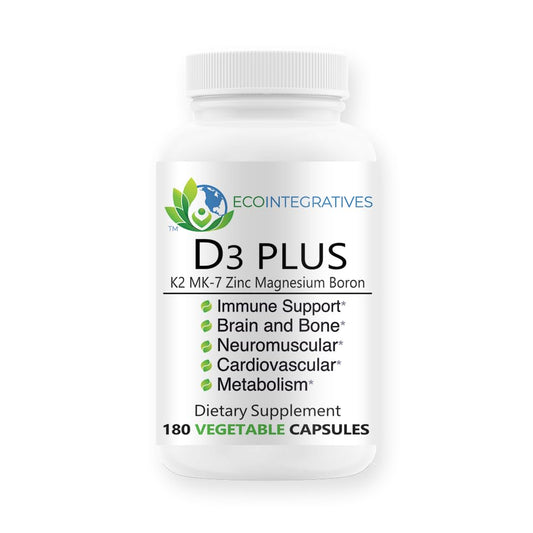 EcoIntegratives D3 Plus Boron Vitamin K2 bottle promoting bone support with D3 and K2.