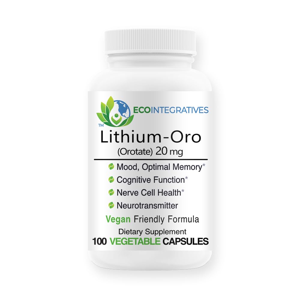 EcoIntegratives Lithium Orotate 20 mg bottle with capsules for mood support.