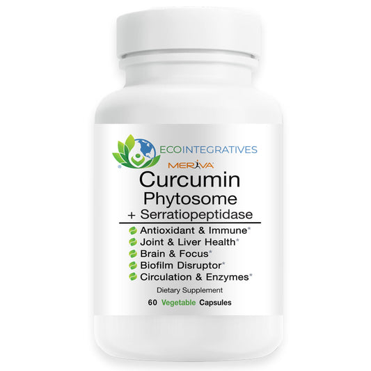 EcoIntegratives Meriva Curcumin Phytosome bottle shown for premium joint support.