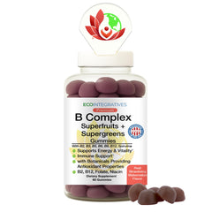 EcoIntegratives Superfruits + Supergreens bottle close-up for antioxidant-rich daily wellness.