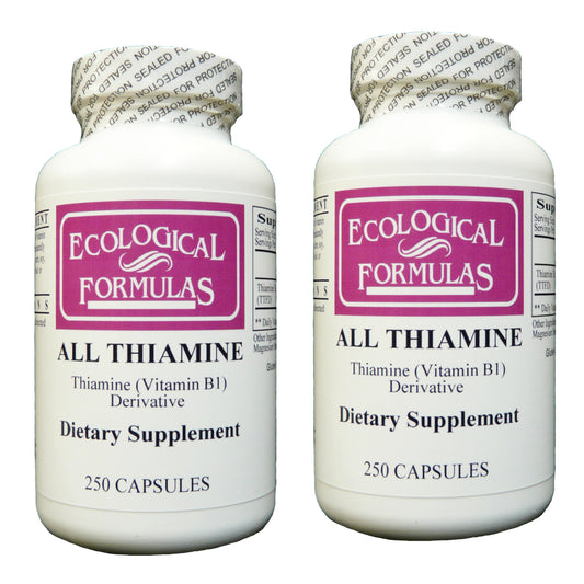 Ecological Formulas All Thiamine bottle label highlights vitamin B1 form for daily nutrition.