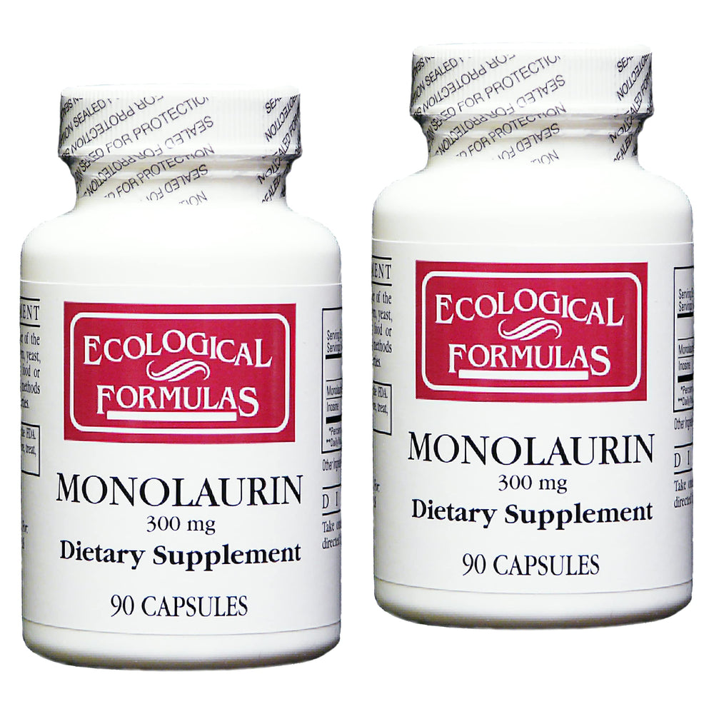 Ecological Formulas Monolaurin 300 mg bottle front view, highlighting the 180-cap saver pack for immune support