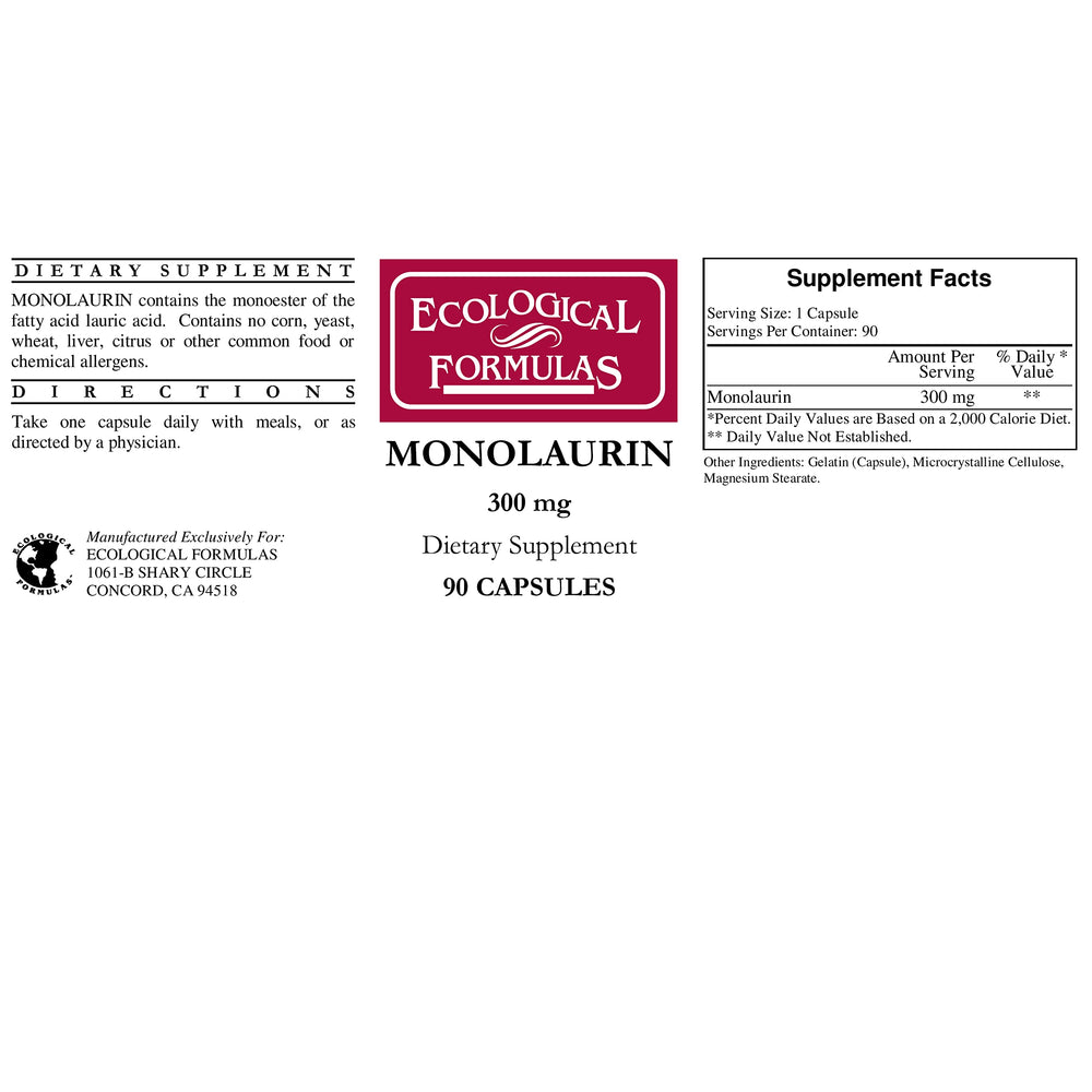 Ecological Formulas Monolaurin capsules close-up, suitable for daily use and routine consistency
