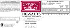 Ecological Formulas Tri-Salts bottle beside glass highlighting sodium-free minerals.