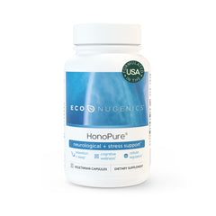 EcoNugenics HonoPure bottle pouring, suggesting calm focus and restful sleep potential