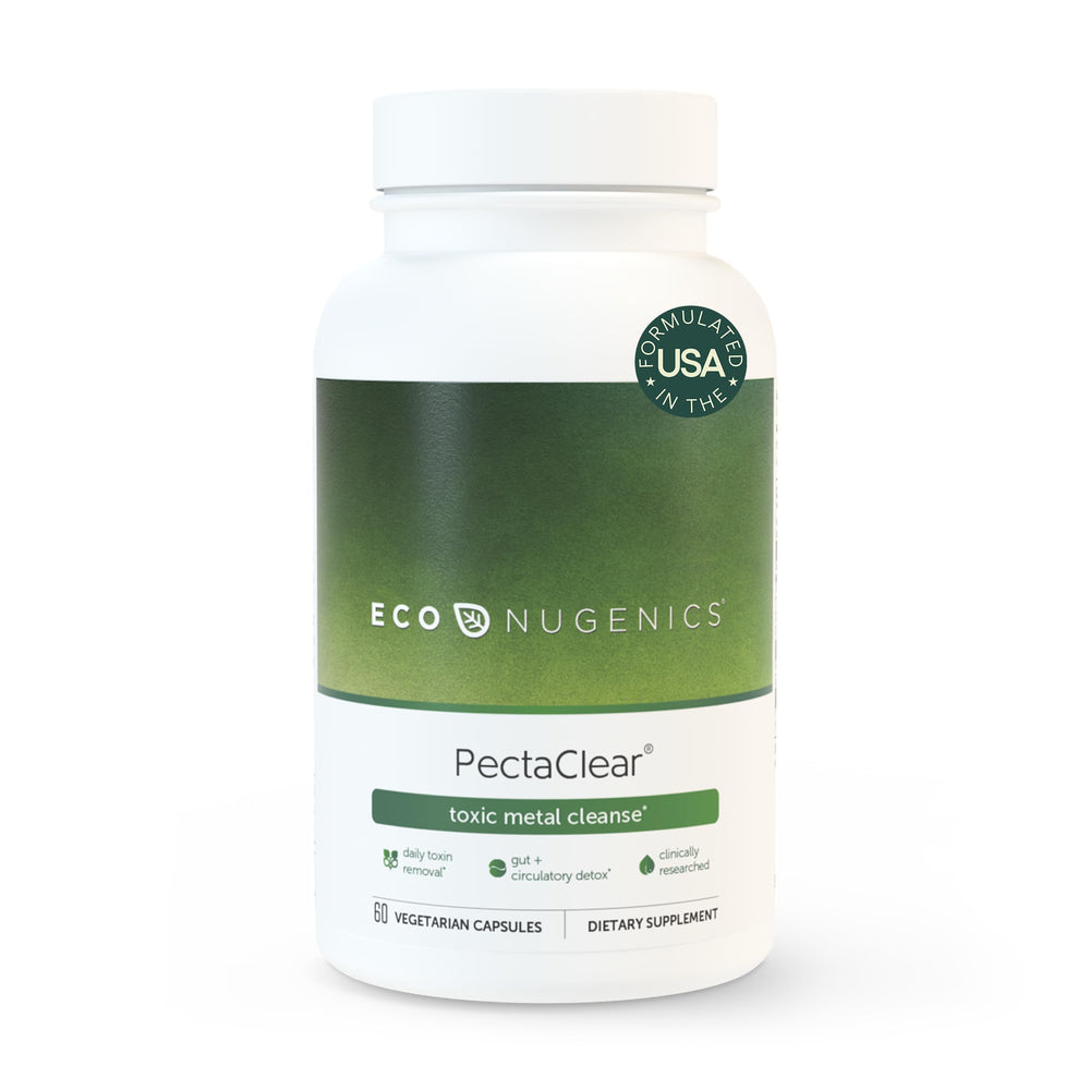 EcoNugenics PectaClear bottle close-up shows toxin-binding potential for everyday support.