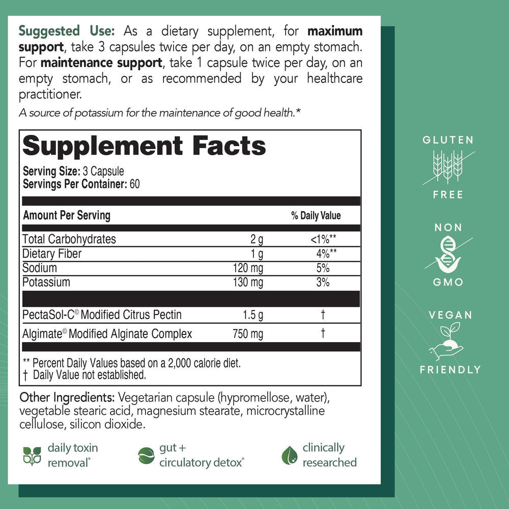 EcoNugenics PectaClear kelp-alginates visual highlights natural detox ingredients for gentler support.