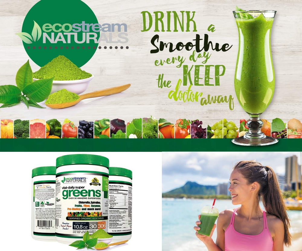 Ecostream Naturals Vital First Daily Greens glass with mixed drink displays vibrant color.