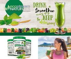 Ecostream Naturals Vital First Daily Greens glass with mixed drink displays vibrant color.