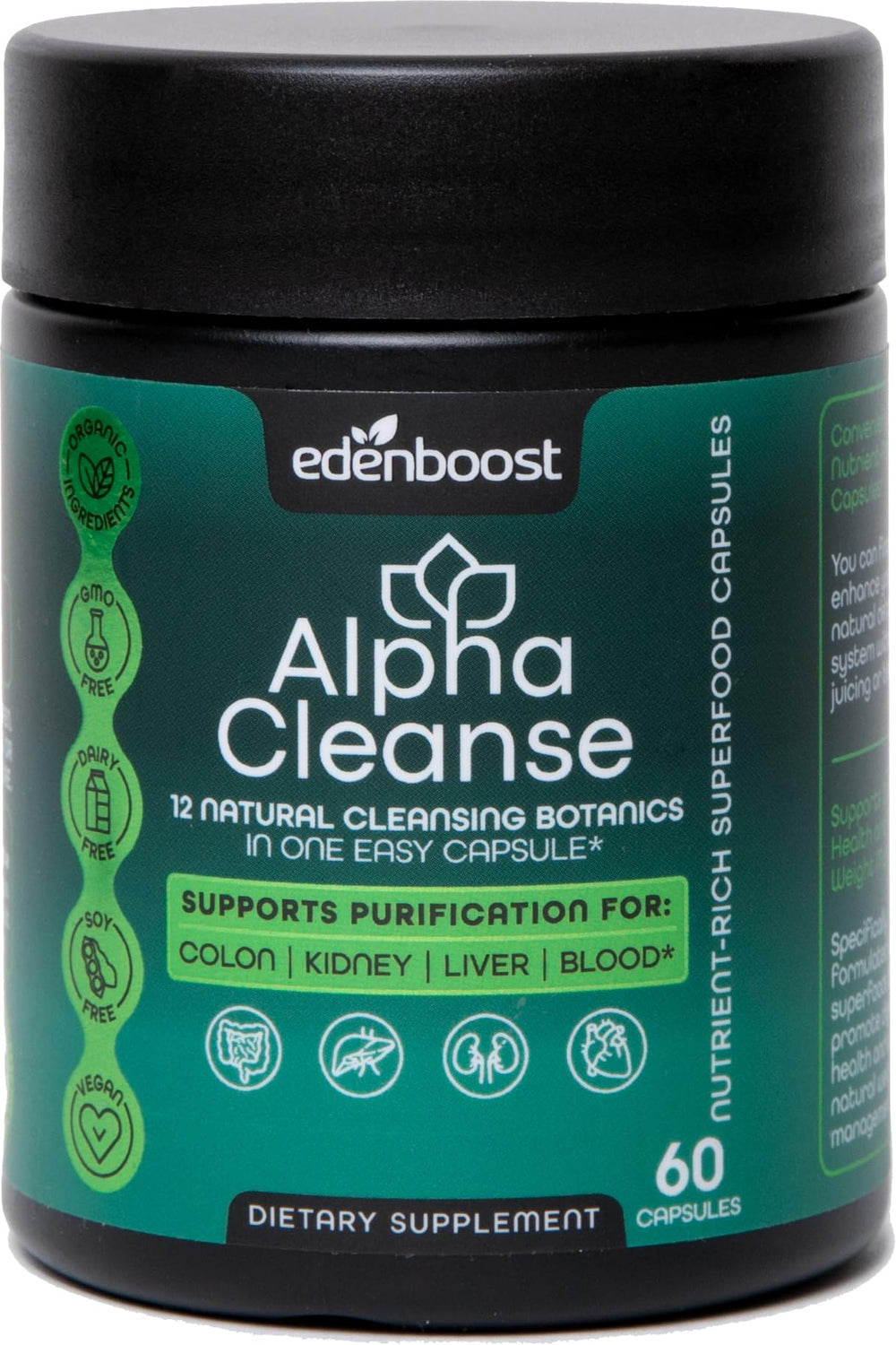 EdenBoost AlphaCleanse bottle front supports liver health and daily detox routines.