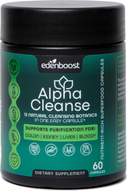 EdenBoost AlphaCleanse bottle front supports liver health and daily detox routines.