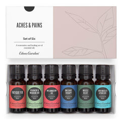 Edens Garden Aches & Pains set box shows six undiluted blends for massage.