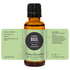 Edens Garden Basil-Lemon essential oil packaging showcases transparent labeling.