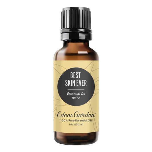 Edens Garden Best Skin Ever bottle label, pure essential oil blend for skin nourishment.