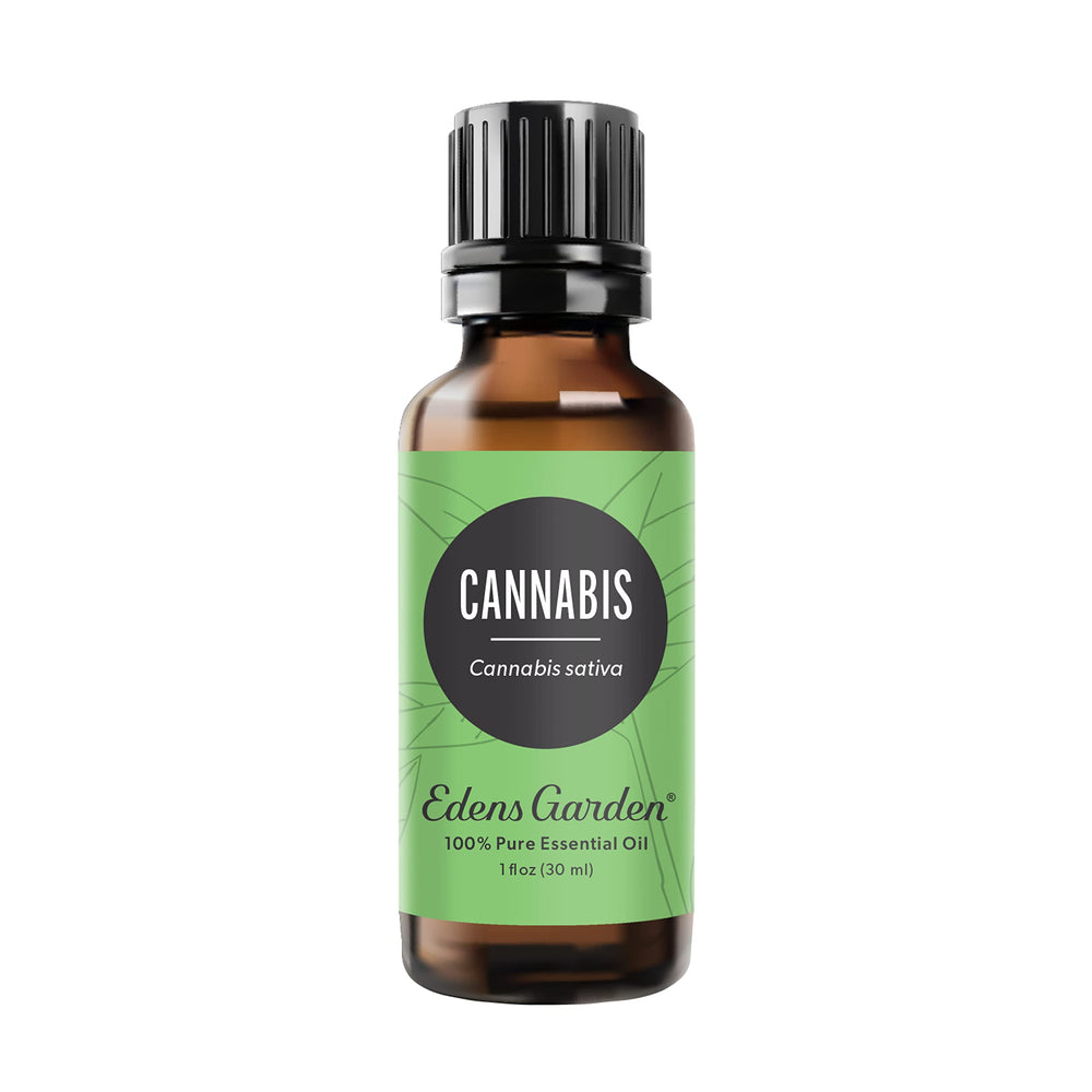 Edens Garden Cannabis Essential Oil bottle front, diffuser-ready for calming aromatherapy.
