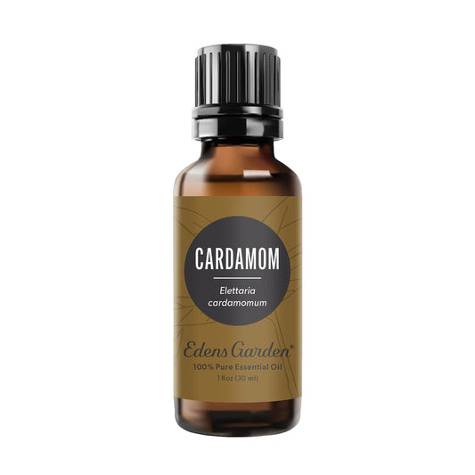 Edens Garden Cardamom essential oil bottle shows warm, spicy aroma.