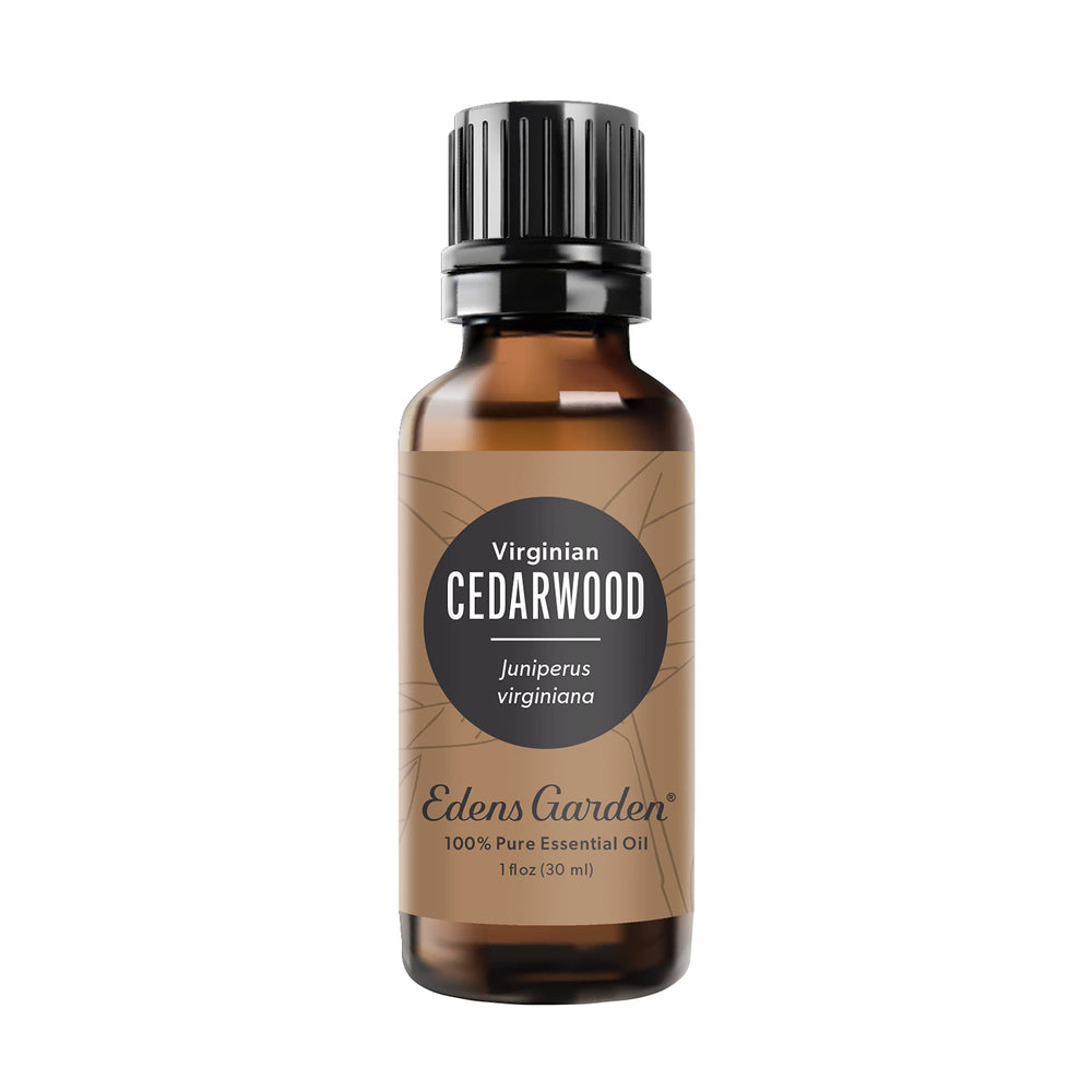 Edens Garden Cedarwood Virginian essential oil bottle pour supports grounding and focus