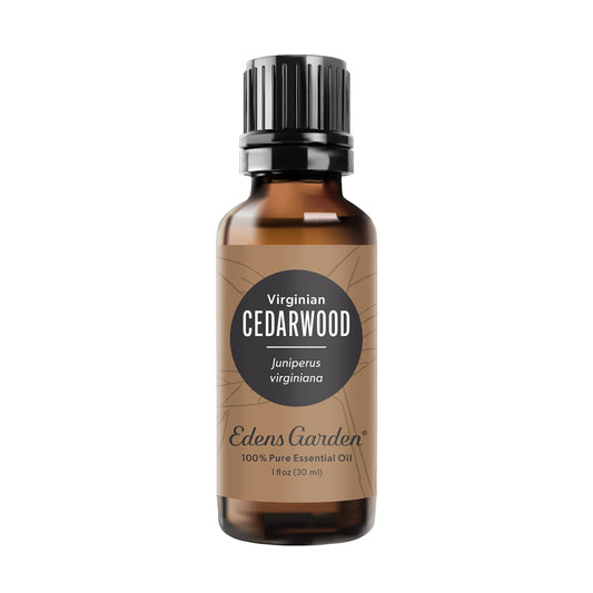 Edens Garden Cedarwood Virginian essential oil bottle pour supports grounding and focus