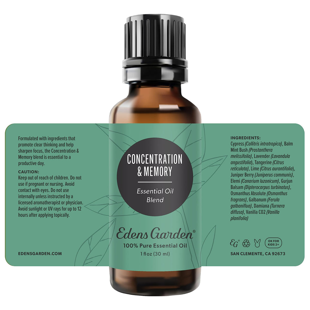 Edens Garden Concentration and Memory packaging closeup showcases premium bottle.