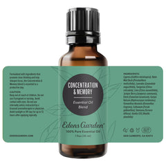 Edens Garden Concentration and Memory packaging closeup showcases premium bottle.